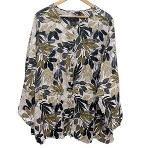 Tahari 100% Linen Tropical Leaf Print Button Down Long Sleeve Tunic Top Size 3X